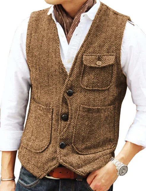 Men Vest Brown Herringbone Wool Tweed V Neck Single Breasted Retro Tooling Vest Male Gentleman Business Waistcoat For Wedding