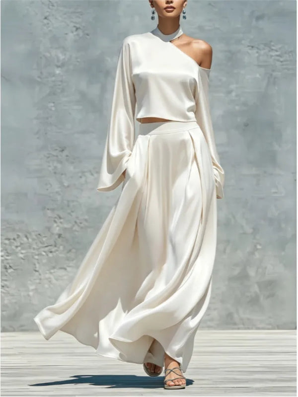 Womens Solid Skirt Two Piece Sets Sexy One-Shoulder Long Sleeve Crop Top  + Slim Long Skirt Set Autumn Casual Party 2pcs Outfits