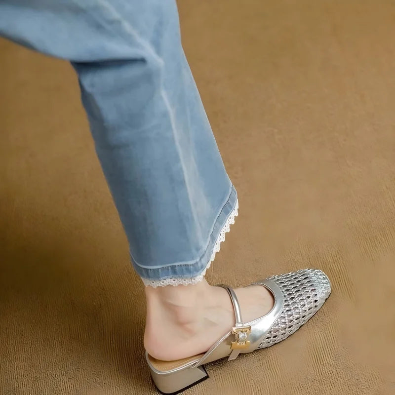 Women’s Mesh Cutout Closed Toe Mule Sandals | Summer 2026 Mid Heel Breathable Slip On Woven Strap Slides