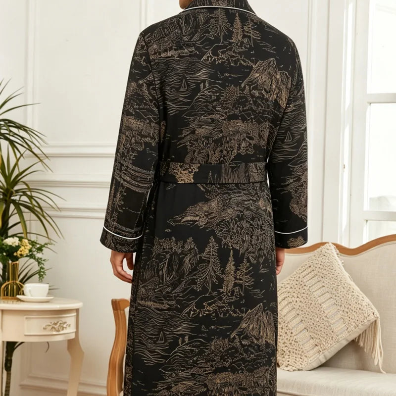Men's Landscape Print Rayon Bathrobe Kimono Style with Belt Pockets Soft Breathable Loungewear for Home