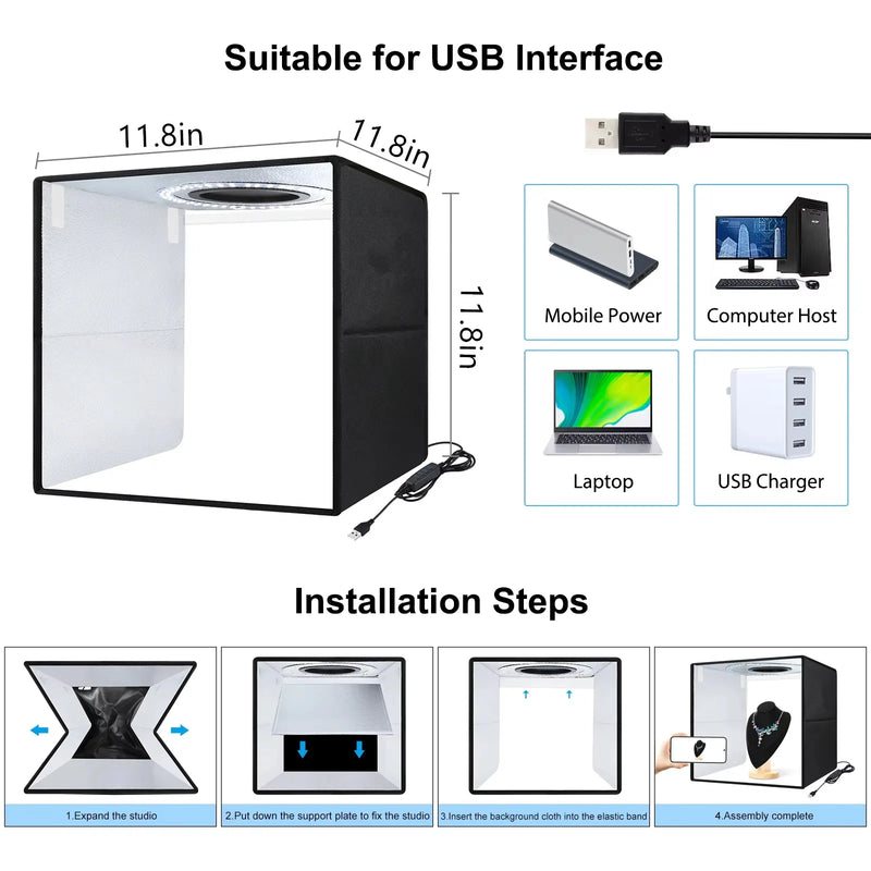 LED Photo Studio Light Box Kit 12"x12" with 120pcs LEDs 6 Backdrops for Photography Portable Dimmable Versatile