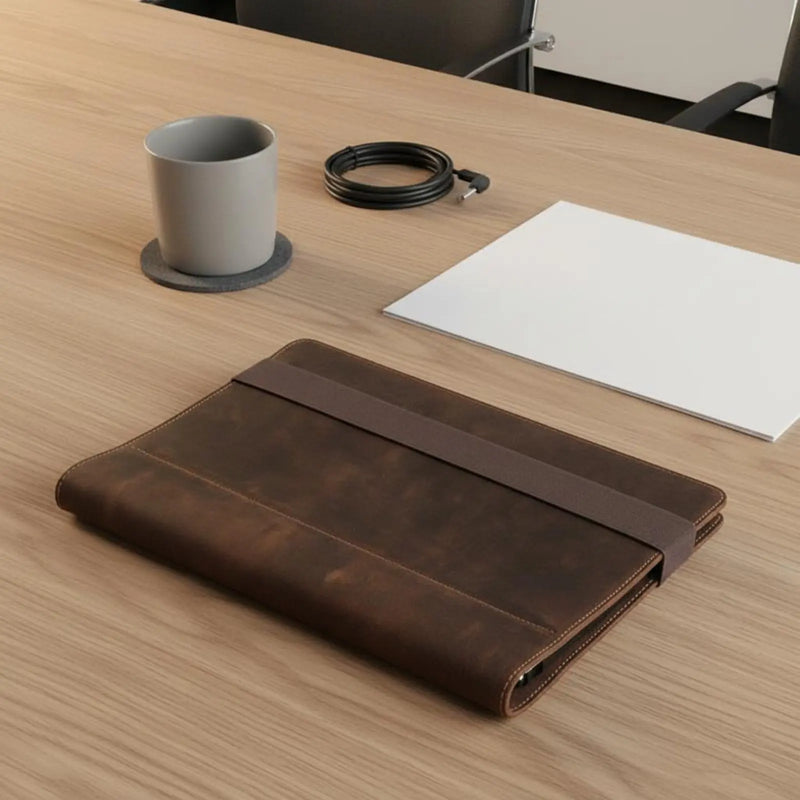 Refillable Business Padfolio Vintage & Design A4 Leather Binder Crazy Horse Leather Folder Multi-Functional 4-Loop Binder Cover