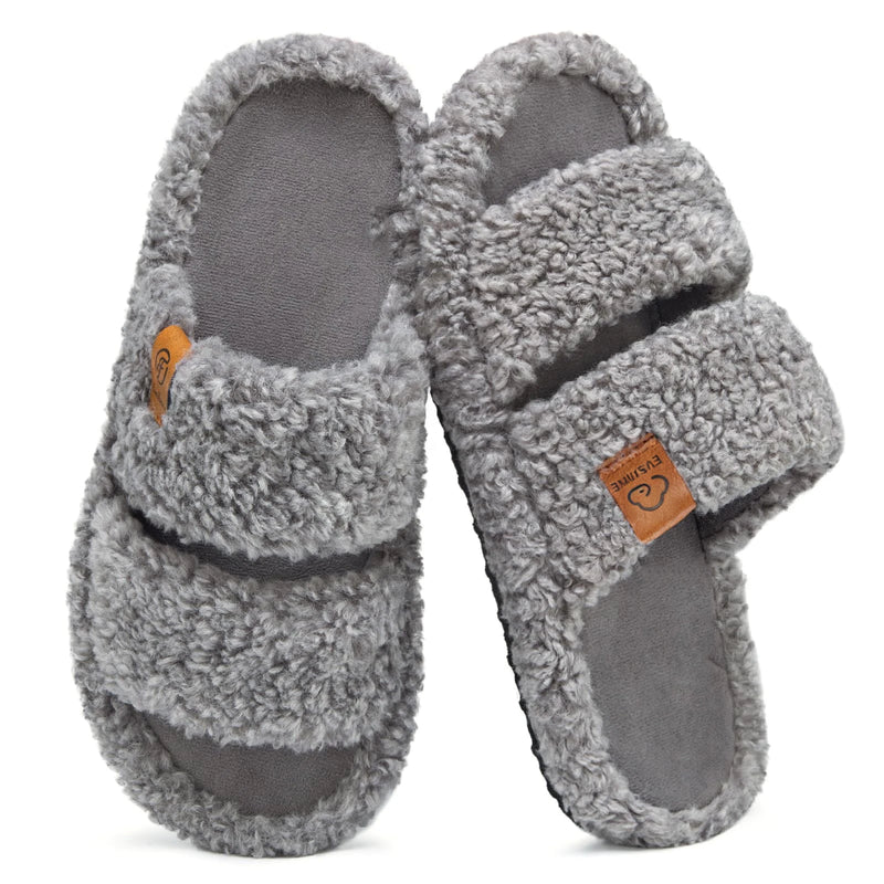 Litfun Winter Fluffy Women's Slippers Anti-slip Open-toe Slides Soft Sole Indoor Slides Furry Warm Cozy Bedroom Women's Slippers