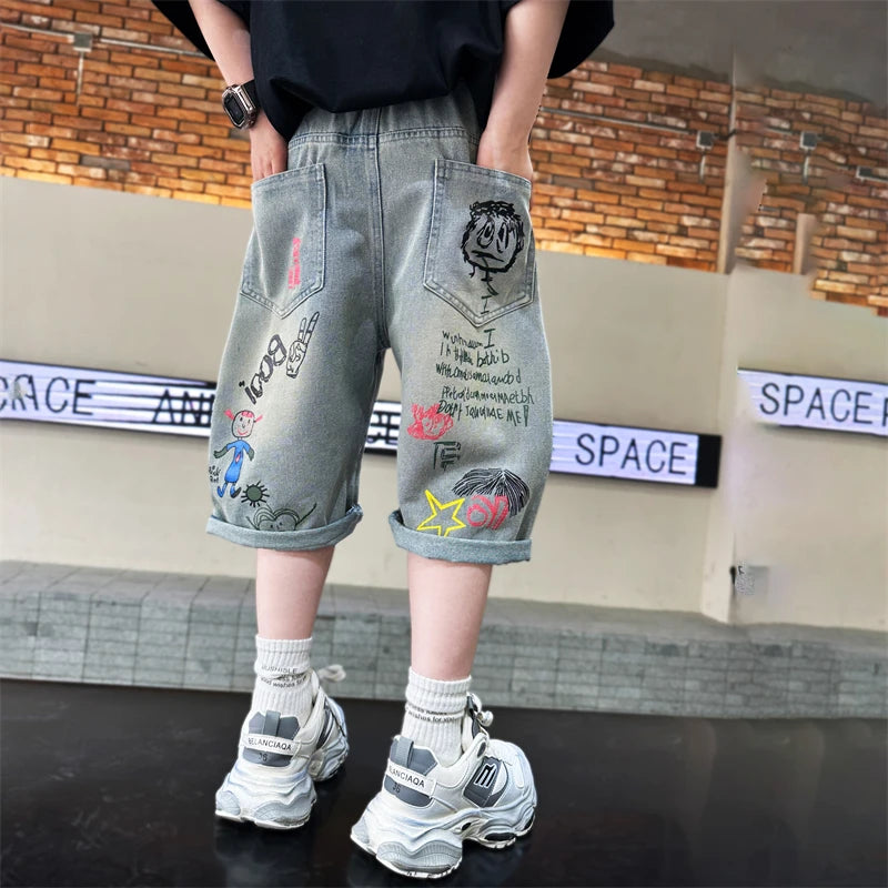 Kids Boys Graffiti Drawing Denim Shorts Elegant Children Casual Ripped Short Jeans Capris Pants 5 6 7 8 9 10 11 12 13 14 Year