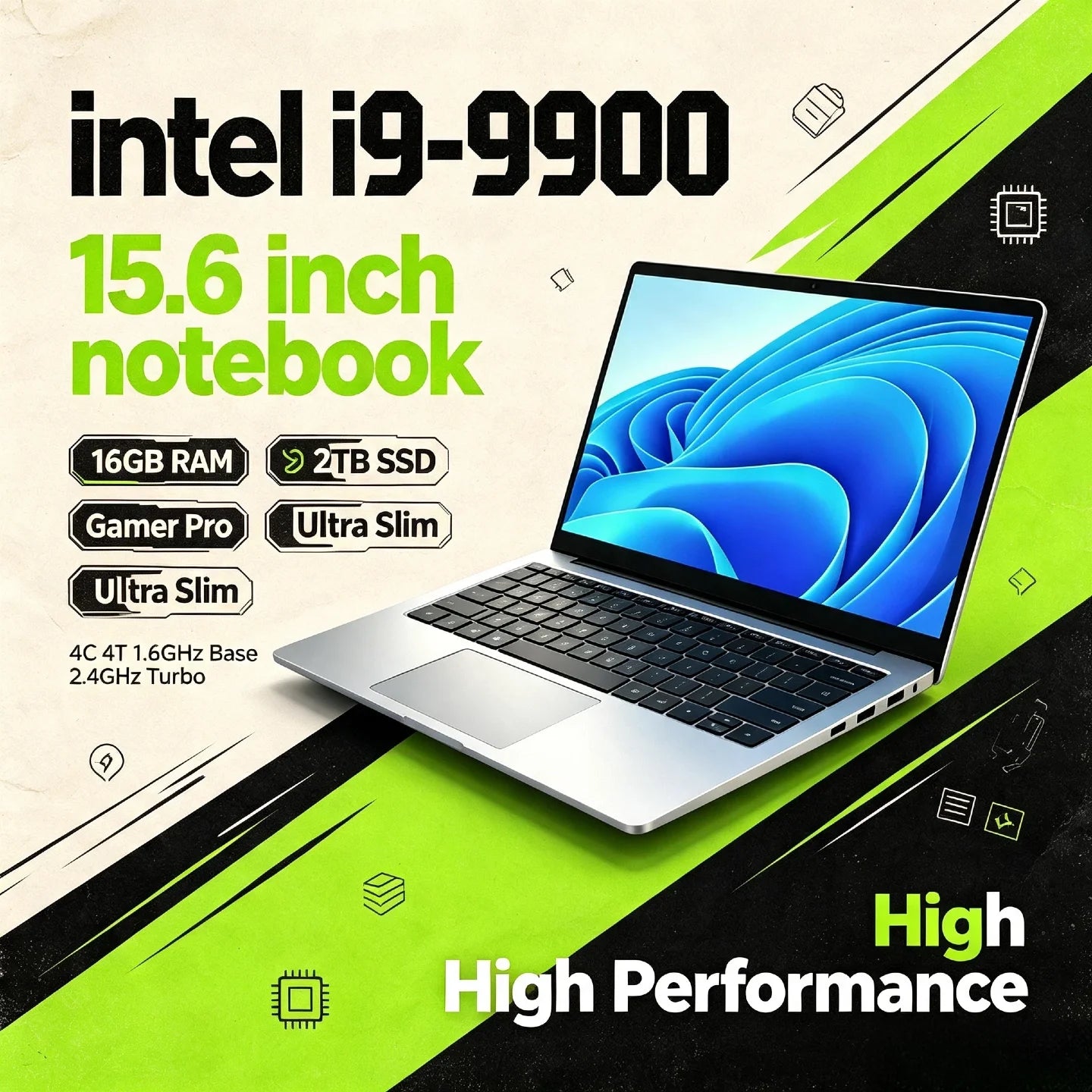 Ultra Slim 15.6 Inch Laptop 32GB RAM 512GB 1TB SSD Intel Core i9 9900 8C 16T 5GHz Gaming Notebook Office 1920x1080