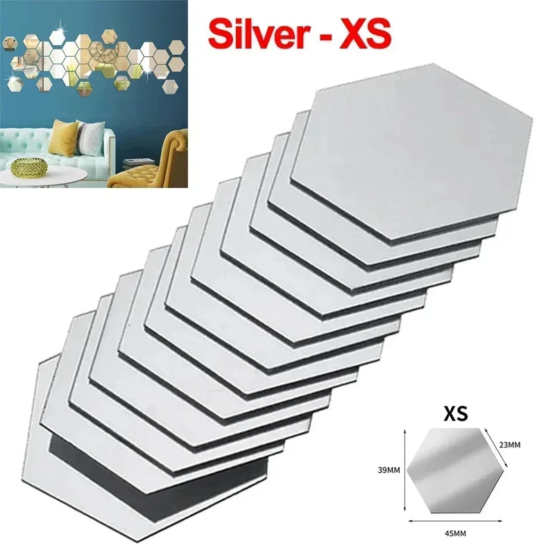 Hexagon Acrylic Mirror Wall Sticker Acrylic Adhesive Gold Silver Mosaic Tiles Removable DIY Bedroom Bathroom Home Decor Sticker