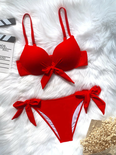 Sexy Front Bow Knot Push Up Bikinis Two Pieces Solid | SAMAG