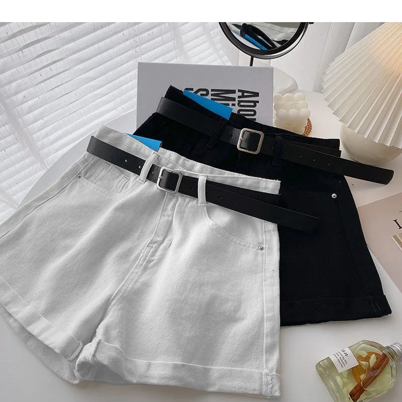 Korean Summer Wide Leg High Waist Denim Shorts With Belt Women Fashion Pocket Hot Pants Streetwear Casual Cowboy Jeans Shorts