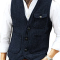 Men Vest Brown Herringbone Wool Tweed V Neck Single Breasted Retro Tooling Vest Male Gentleman Business Waistcoat For Wedding