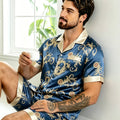 2pcs Men's Geometric Print Pajama Set Stylish Brown Short-Sleeve Shirt with Elastic Waist Shorts Comfortable Polyester Sleepwear