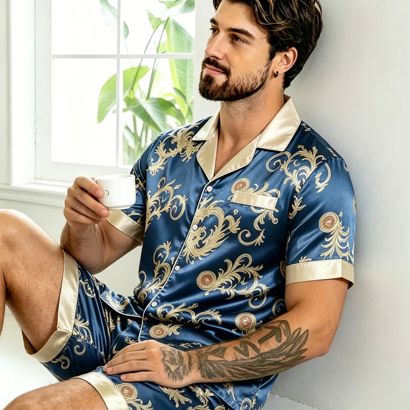 2pcs Men's Geometric Print Pajama Set Stylish Brown Short-Sleeve Shirt with Elastic Waist Shorts Comfortable Polyester Sleepwear