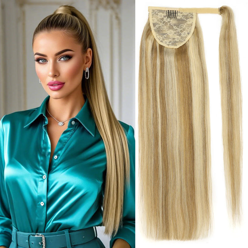 Straight Human Hair Ponytail Wrap Around Horsetail Clips-In Brazilian Remy Hair Ponytail Wig 120g