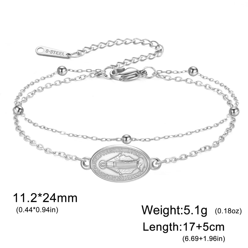 Lucktune Virgin Mary Pendant Bracelet Stainless Steel Cross Women's Red Bracelet Rouge Gold Color Jewelry Religious Amulet Gifts