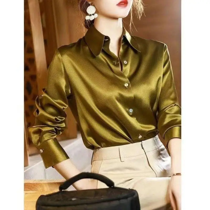 Ele Purple Silk Satin Long Sve Women's irt Profional Faionable Commuting Sle Autumn New Arrival Loose Fit Pol...