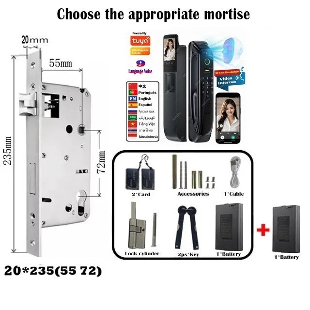 6068,5572,6072,6085 Mortise Lock Tuya Wifi App Camera Smart Digital Lock With Fingerprint Face Key Card Rfid