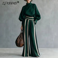 Stand Collar Top & Flare Pants Suits Women Lantern Sleeve Pocket Contrast Two Piece Set High Waist Resort Casual Matching Outfit