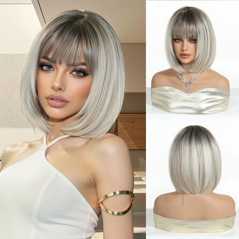 EASIHAIR Short Straight Bob Hair Synthetic Wigs for Women Brown Straight Natural Wigs with Eight Character Bangs Daily Cosplay