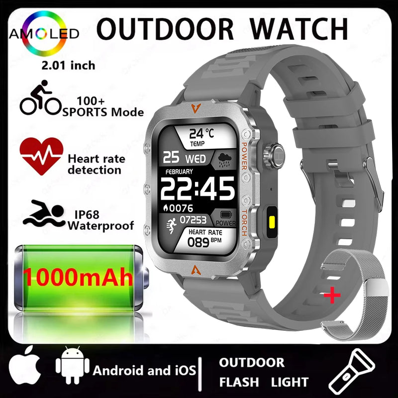 2026 New Men Smart Watch HD Bluetooth Call Sleep Heart Rate Health Monitoring Outdoor LED Flashlight Waterproof Sports Smartwatc