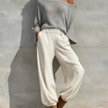 Fashionable Off-shoulder Top And Casual Trousers Two-piece Suit 2026 Autumn And Winter New Solid Color Slope Collar Women's Suit