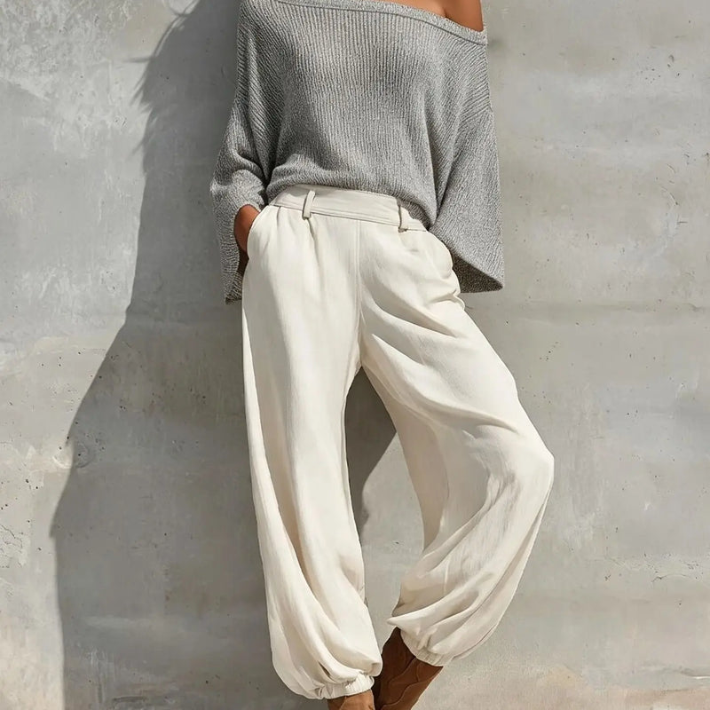 Fashionable Off-shoulder Top And Casual Trousers Two-piece Suit 2026 Autumn And Winter New Solid Color Slope Collar Women's Suit