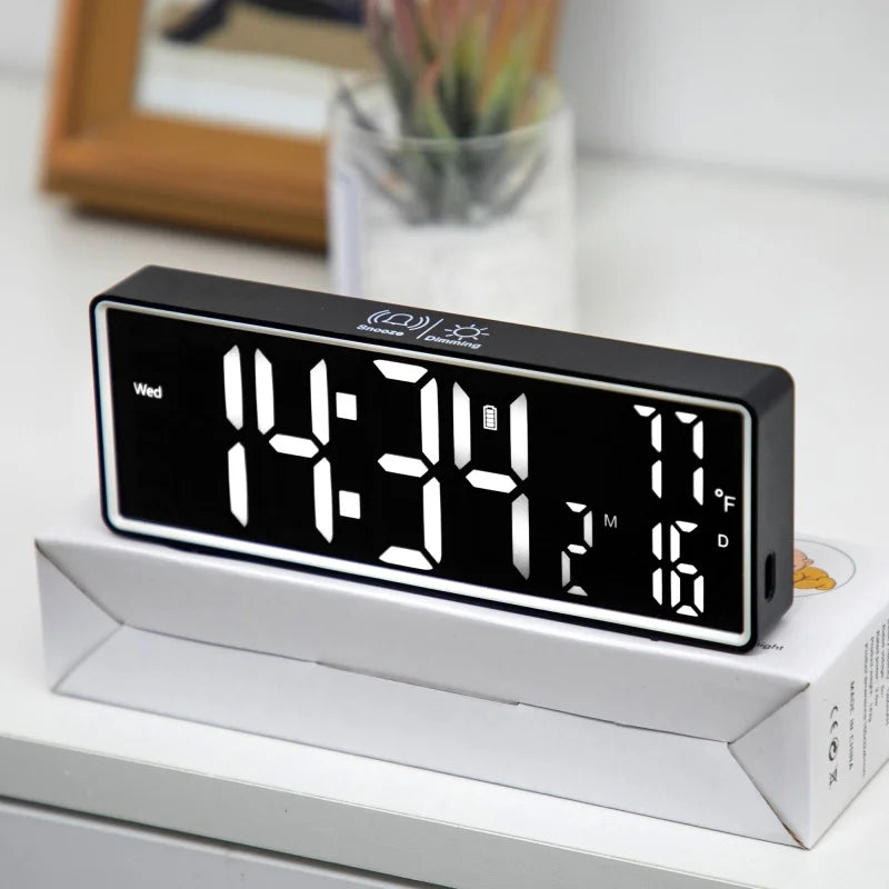 Digital Alarm Clock TEMP Date Week 2 Alarms Night Mode Snooze 12/24H Anti-disturb Voice Control Rechargeable LED Mirror Clock