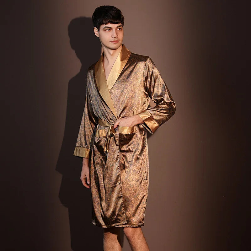 High Quality Nightrobes Men Summer Thin Bathrobe Large Size Ice Silk Printed Pajamas One-piece Robe Male Loungewear Gents Spring