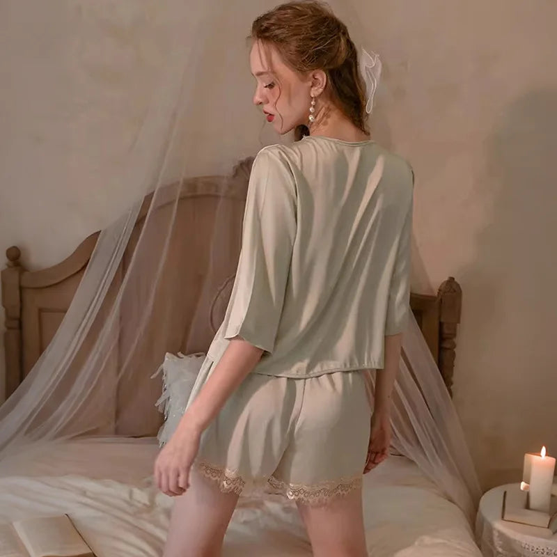 Women's French-Style Ice-Silk Pajamas Set Sexy Lace | SAMAG