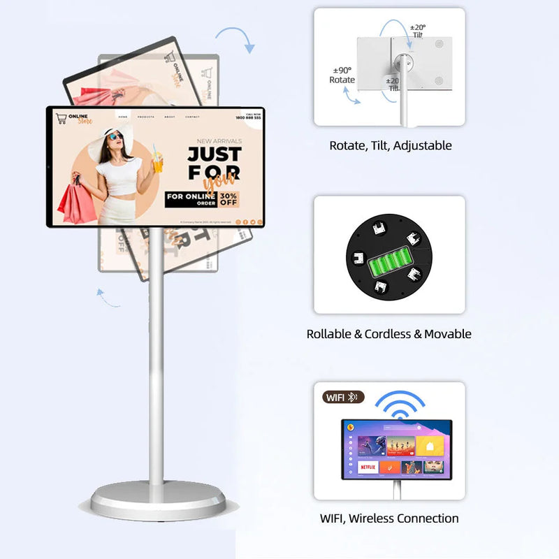 21.5 Inch 4+64GB TV Mini Smart Android Televisor on Wheels Movable Charging Battery Interactive LED Portable TV for Business