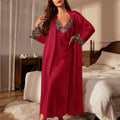 Contrast Lace Pajama Set Long Sleeve Robe With Belt V | SAMAG