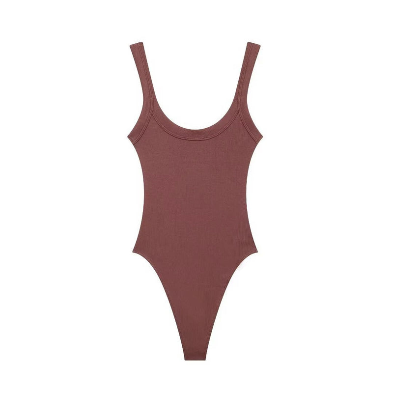 Women's Skinny Ribbed Bodysuits O Neck Straps Snap-Button Sexy Fashion Female Playsuits Comfortable Stretchy Clothing