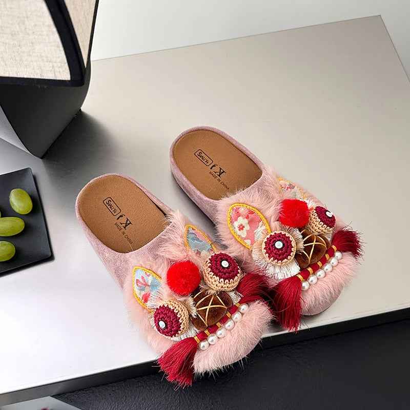Women Chinese Style Lion Head Slippers Vintage Ethnic Open Toe Clogs Plush Warm Indoor Outdoor Casual Fashion Slide Footwear
