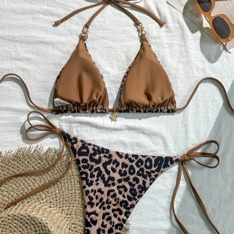 2025 New Arrival European and American Leopard Print Halter Bikini Set for Women, Sexy Swimsuit