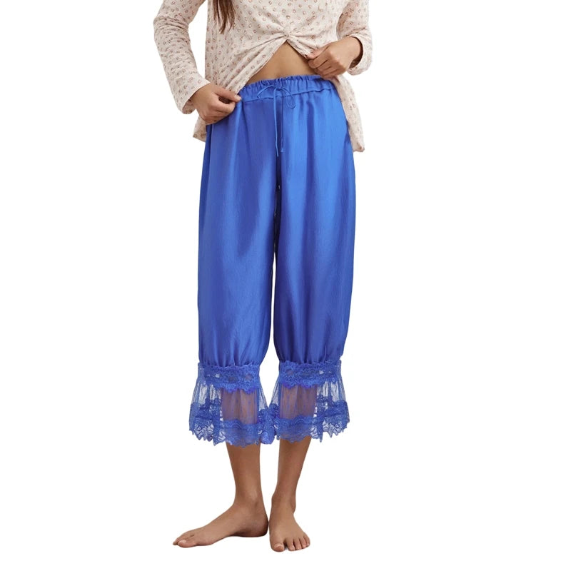 Women's Y2K Loose Fit Bloomers Cropped Pants Drawstring High Waist Floral Lace Patchwork Calf-Length Lantern Trousers