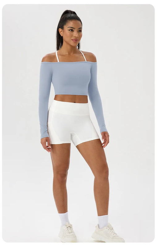 Long Sleeve Yoga T-Shirt for Women, Off Shoulder, Sexy Tight Gym Workout Top, Naked Feeling, Quick Dry Sports Activewear