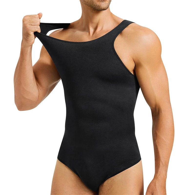 Mens Shapewear Tummy Control Full Body Shaper with Seamless Elastic Round Neck Slimming Bodysuit Sleeveless Undershirts