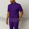 Men's Grey Mandarin Collar Suit Set Short Sleeves Multi-Pocket Jacket and Trousers Fashion Formal Smart Casual Wedding Suits