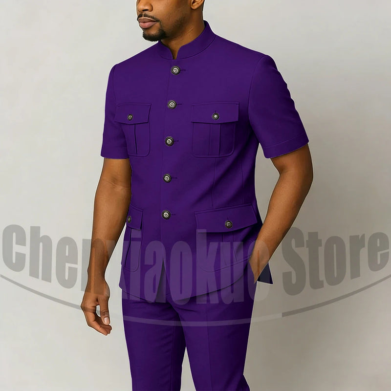 Men's Grey Mandarin Collar Suit Set Short Sleeves Multi-Pocket Jacket and Trousers Fashion Formal Smart Casual Wedding Suits