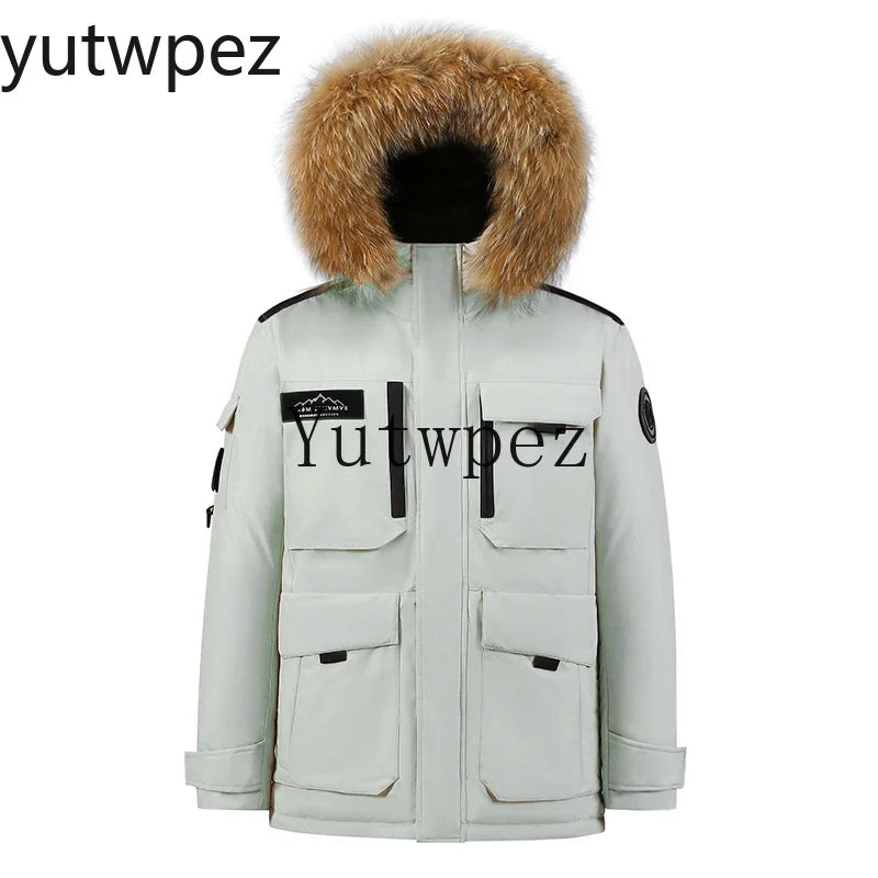 -30 Degree Down Parkas Men Windproof Hooded Thicken Multi-pocket Down Coat Casual Fashion Thick Warm Embroidered Design Parka