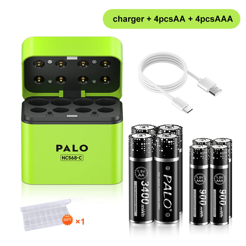 PALO 3400mWh Li-ion 1.5V AA and AAA Rechargeable Batteries with 8-channel magnetic flip charger for 1.5V 2A 3A Lithium Batteries