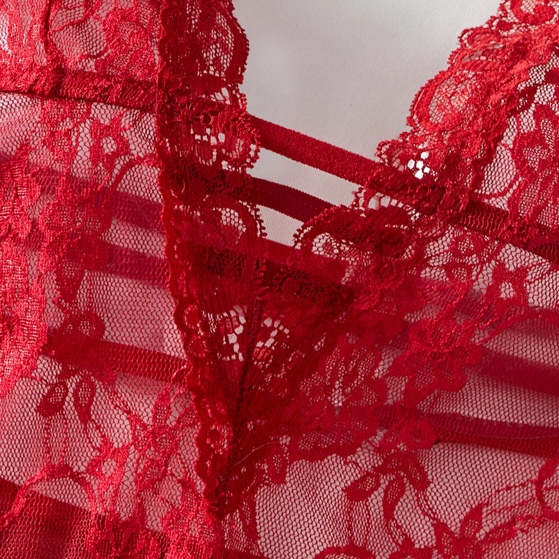 Women Red Satin Babydoll Nightgown Halter Tie Neck Deep V Lace Bust Back Hollow Mini Slip Dress Sexy Lingerie Sleepwear