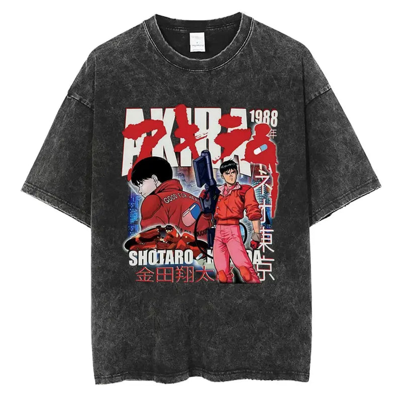 Washed Retro Japanese Anime Akira Print 100%Cotton Men Woment T-shirt Summer Autumn Daily Sports Party Casual Loose Short Sleeve