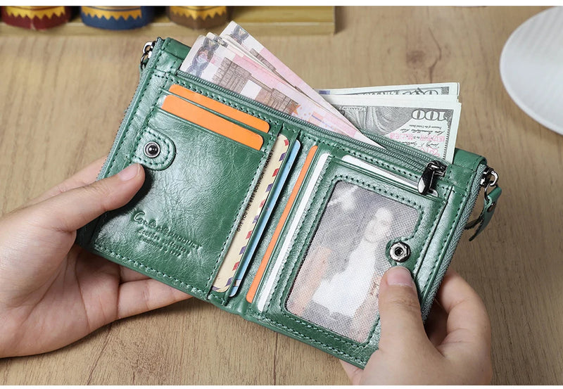 CONTACT'S Fashion Genuine Leather Women Wallet Bifold Card Holder Coin Purse Small Women's Purse Money Clip Men Pocket Wallets