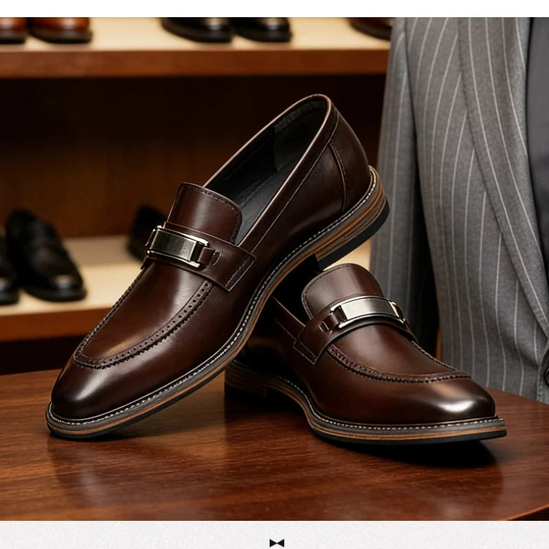 YETTIES Men's Pointed Toe Genuine Leather Loafers | Business Formal Slip-On Dress Shoes | Versatile Comfort Casual Work Footwear