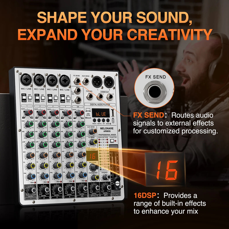 6-Channel Audio Mixer, DJ Mixer with USB Audio Interface, Bluetooth Function, 16 DSP Effects, and 3-Band EQ (ARMX-6)
