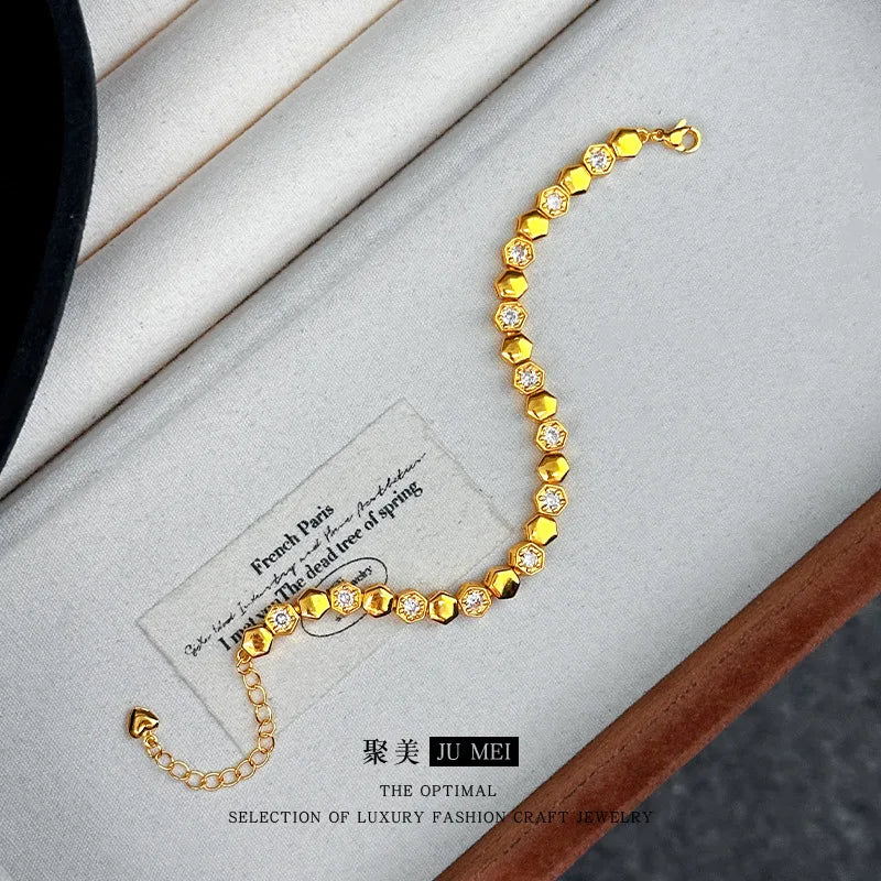 Gold Shop Same Style 9999 24K Real Gold Women's Gold Bracelet Diamond Honeycomb Design Girlfriend Party Beautiful Jewelry
