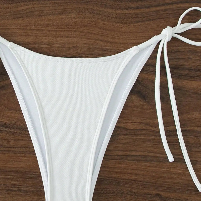 Summer white pure simple front-tie bikini swimsuit set