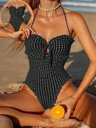 Polka Dot One Piece Swimsuit Sexy Halter Neck with Tie | SAMAG