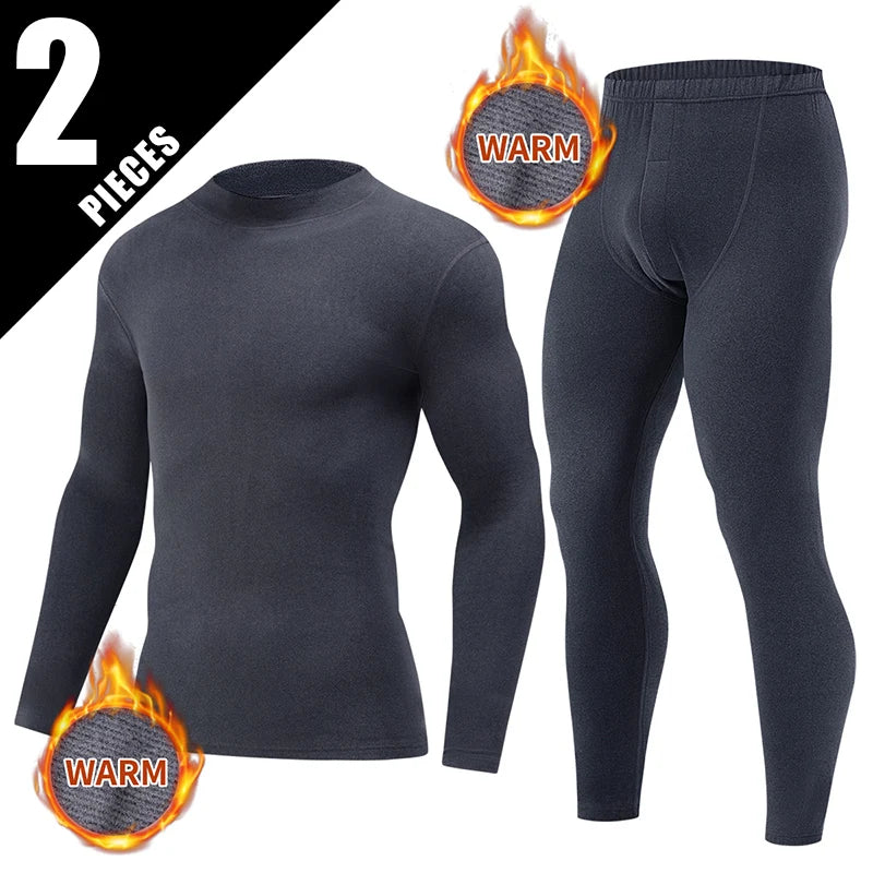 2-pcs Autumn And Winter Men's Thick Semi High Neck Thermal Underwear Set Solid Color Fashionable High Neck Top Warm Casual Pants