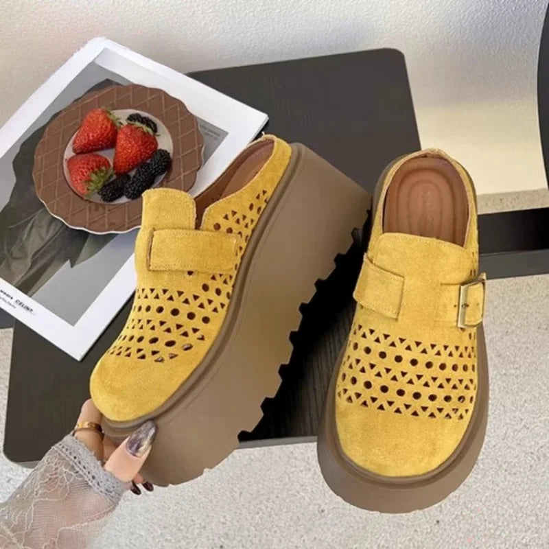 Women's Summer Perforated Mules | Retro Suede Adjustable Buckle Closed-Toe Slides | Platform Wedge Sandals for Height Boost