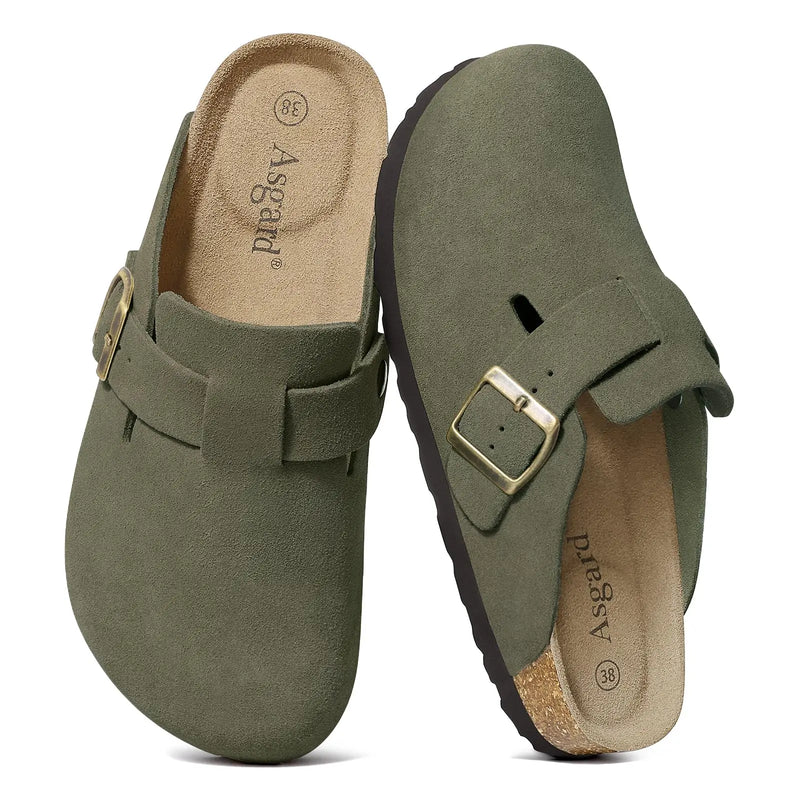 Asgard Women Suede Clogs Genuine Leather Mules Adjustable Buckle with Comfort Cork Footbed and Arch Support Aldult Potato Shoes